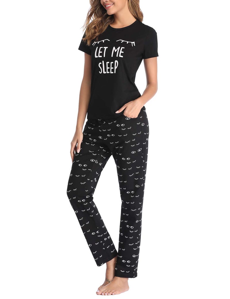 EISHOPEER Women's Sleepwear Jersey Printed Short Sleeve Tee and Pjs Sets Black M - Image 1